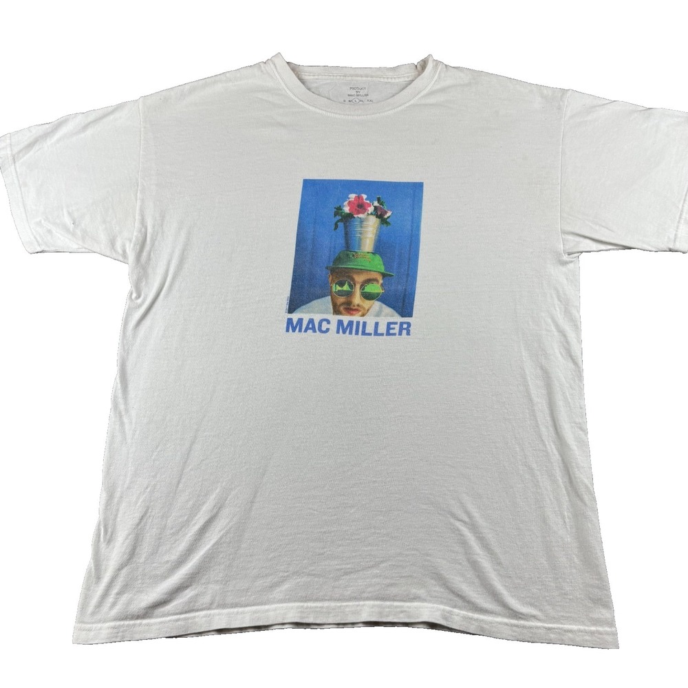 Mac Miller T-Shirt Men's Large White Graphic Print Flower Pot on Head Streetwear